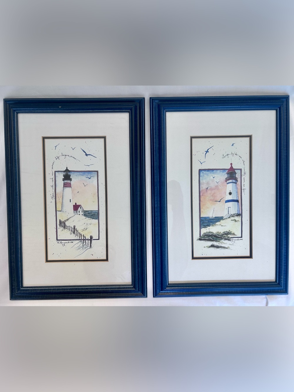 Vintage Lighthouse Wall Art Set of 2 Framed Coastal Nautical Prints 1996